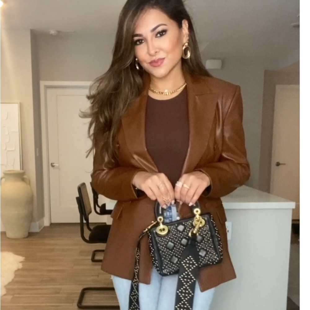 Zara FAUX LEATHER BLAZER Jacket Brown NEW